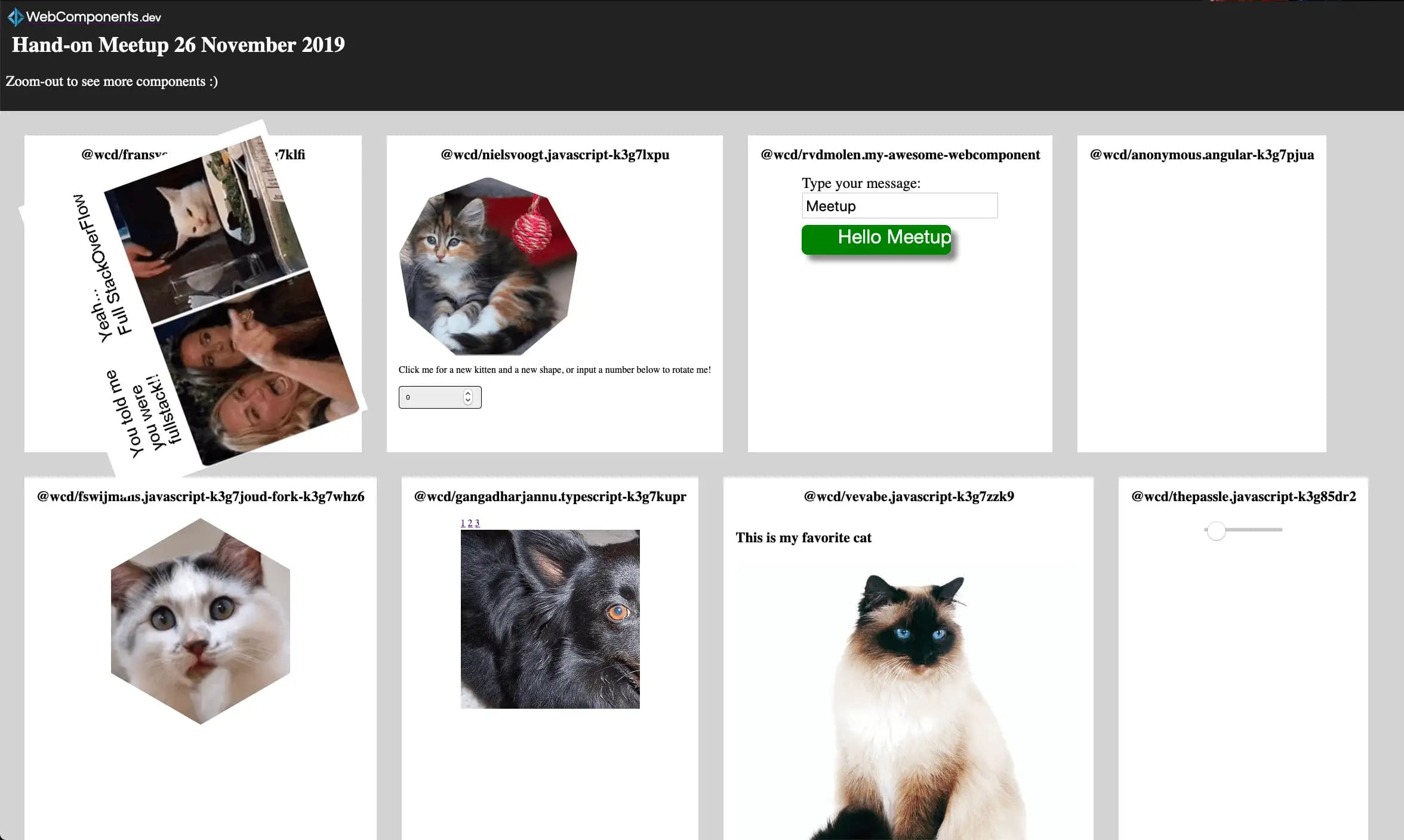 master page projected at the meetup, a grid of web components with mostly cats